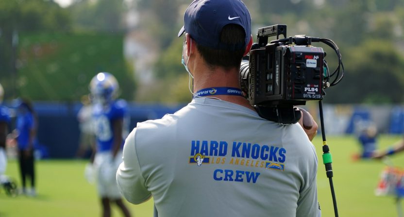 Aug 18, 2020; Thousand Oaks California, USA; A HBO Hard Knocks film cameraman shoots video footage at Los Angeles Rams training camp at Cal Lutheran University. Mandatory Credit: Kirby Lee-USA TODAY Sports