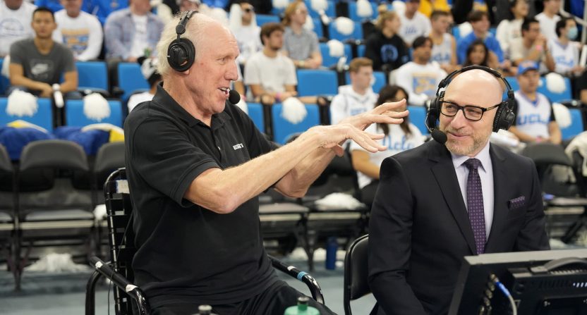 Dec 22, 2023; Los Angeles, California, USA; ESPN analyst Bill Walton (left) and play-by-play announcer Dave Pasch during the game between the UCLA Bruins and the Maryland Terrapins at Pauley Pavilion presented by Wescom.