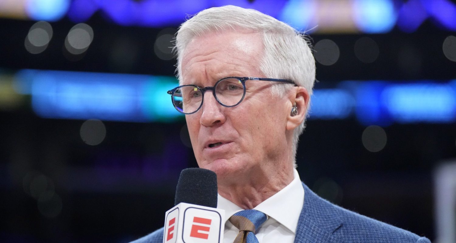 Jan 17, 2024; Los Angeles, California, USA; ESPN play-by-play announcer Mike Breen during the game between the Los Angeles Lakers and the Dallas Mavericks at Crypto.com Arena.