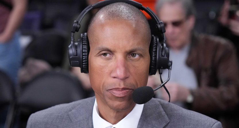 Apr 9, 2024; Los Angeles, California, USA; TNT analyst Reggie Miller during the game between the Los Angeles Lakers and the Golden State Warriors at Crypto.com Arena.