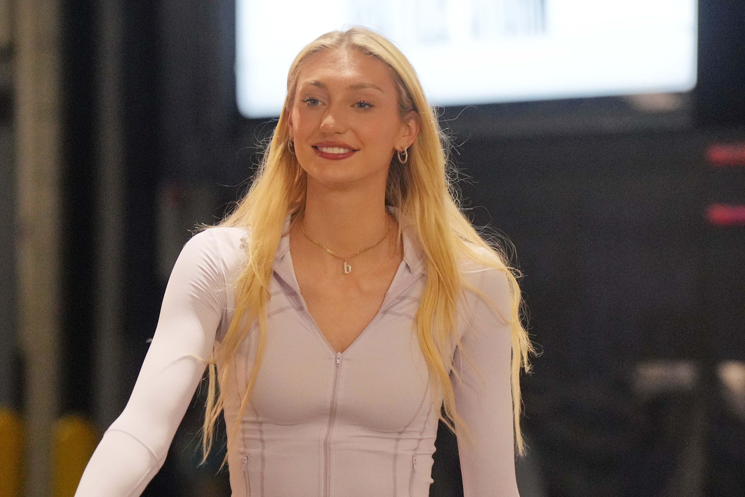 Jul 16, 2024; Los Angeles, California, USA; LA Sparks forward Cameron Brink arrives before the game against the Seattle Storm at Crypto.com Arena