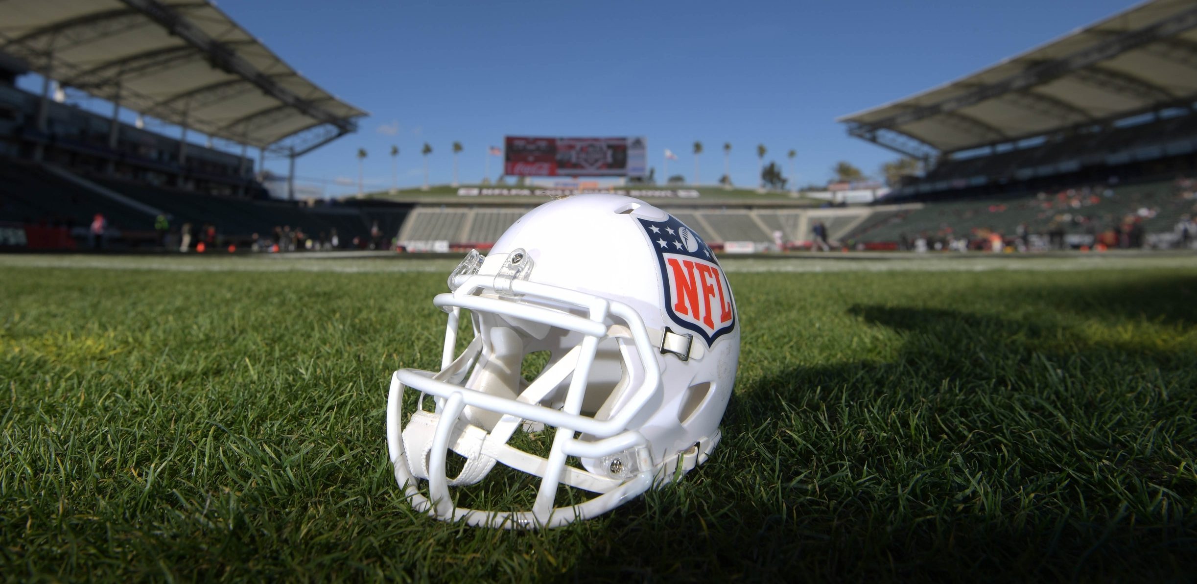 Jan 21, 2017; Carson, CA, USA; General view of NFL shield logo helmet at StubHub Center. The Los Angeles Chargers will play the 2017 and 2018 seasons at the StubHub Center as part of Chargers owner Dean Spanos (not pictured) relocation of the franchise from San Diego to Los Angeles. Mandatory Credit: Kirby Lee-USA TODAY Sports