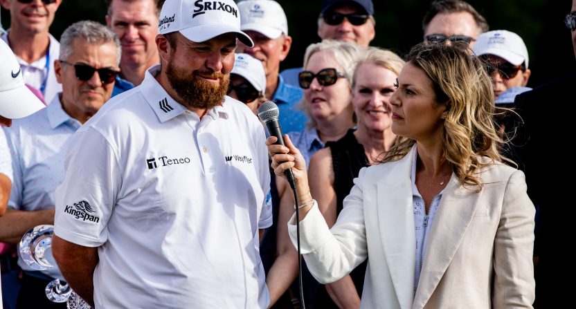 Apr 28, 2024; Avondale, Louisiana, USA; CBS Sports reporter Amanda Balionis talks to Shane Lowry after winning the Zurich Classic of New Orleans golf tournament.