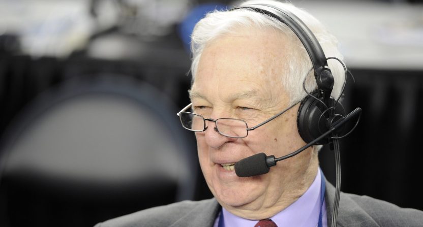 Apr 7, 2014; Arlington, TX, USA; Radio and TV analyst Bill Raftery does a radio program before the championship game of the Final Four in the 2014 NCAA Mens Division I Championship tournament at AT&T Stadium. Mandatory Credit: Sean Dougherty-USA TODAY Sports