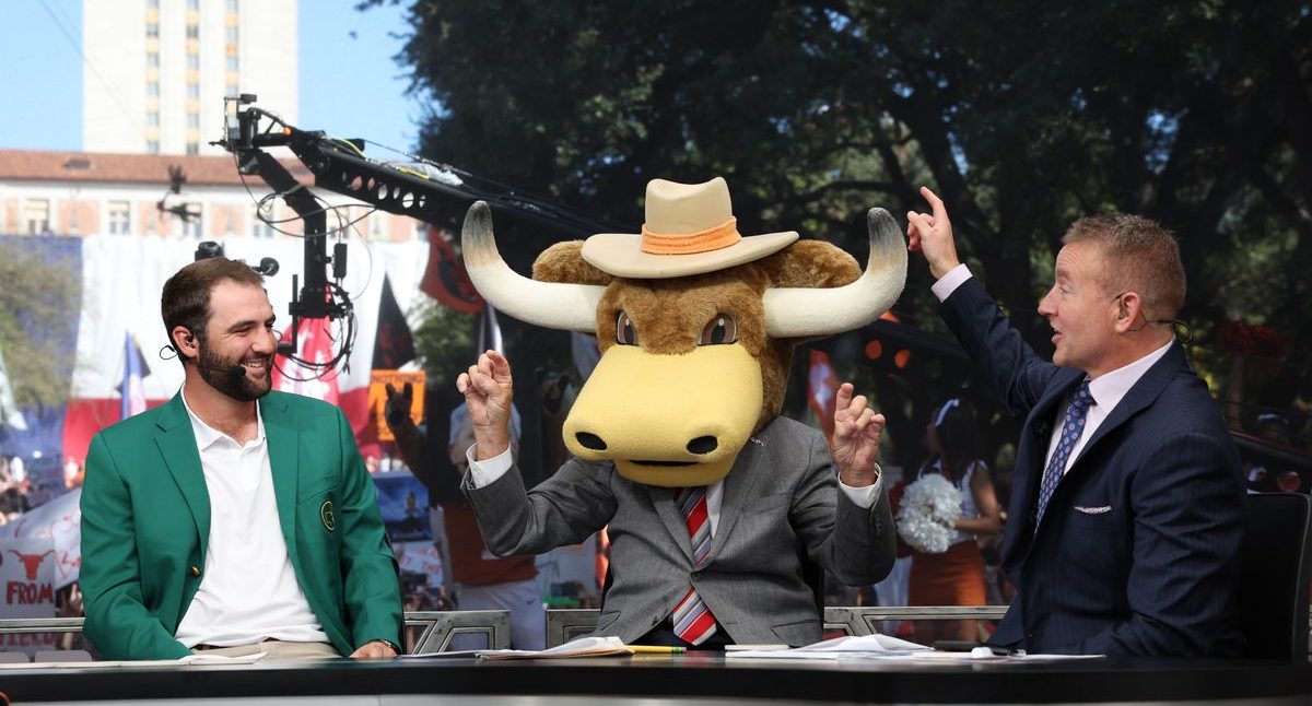 Guest picker Scottie Scheffler, Lee Corso, and Kirk Herbstreit on the set of College GameDay Built by the Home Depot at the University of Texas.