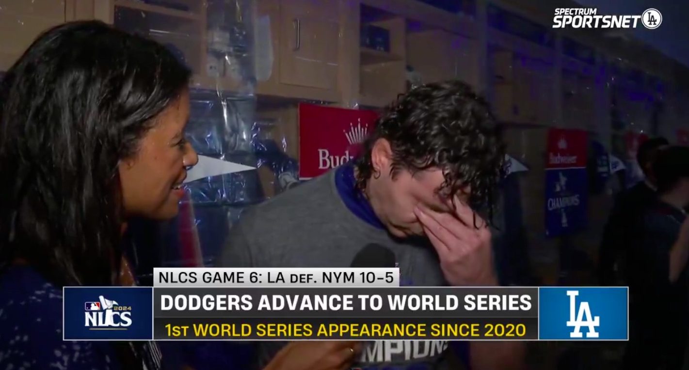 The Dodgers pitcher almost breaks down in tears during the post-NLCS interview