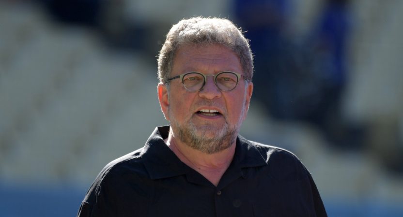 Los Angeles Dodgers broadcaster Charley Steiner attends a MLB game between the Chicago Cubs and the Dodgers at Dodger Stadium.