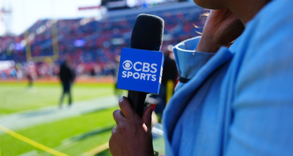 A general view of a CBS sports broadcast microphone on the field before the game between the Los Angeles Chargers against the Denver Broncos at Empower Field at Mile High.