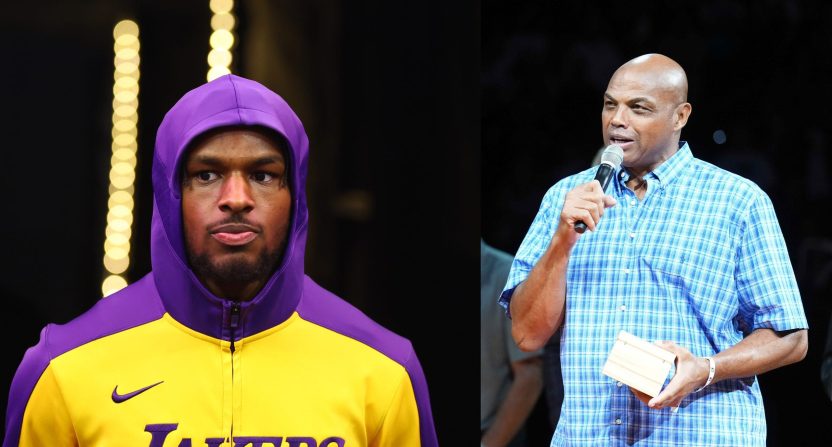 Charles Barkley harshly critiques the Lakers plan to have Bronny James split time between the NBA team and their G-League affiliate. Photo Credits: Mark J. Rebilas-Imagn Images (Bronny James, left); Joe Camporeale-Imagn Images (Charles Barkley, right).