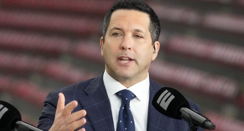 Jan 8, 2024; Houston, TX, USA; Adam Schefter talks on a set before the 2024 College Football Playoff national championship game between the Michigan Wolverines and the Washington Huskies at NRG Stadium. Mandatory Credit: Kirby Lee-USA TODAY Sports