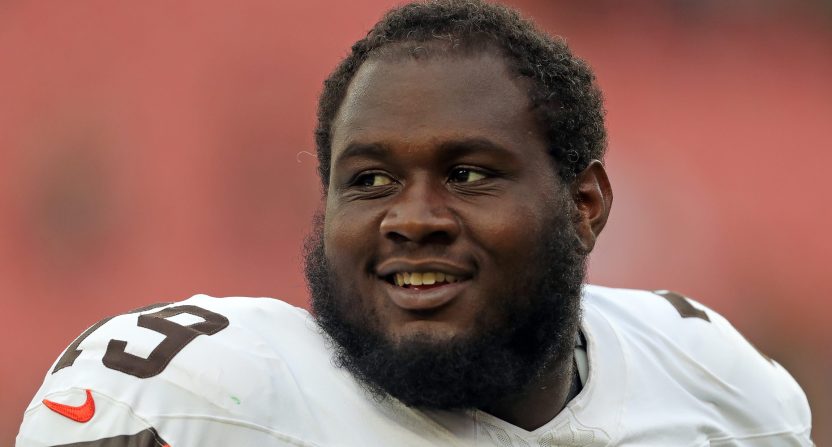 Cleveland Browns offensive tackle Dawand Jones (79) is all smiles after an NFL preseason football game at Cleveland Browns Stadium, Saturday, Aug. 10, 2024, in Cleveland, Ohio.