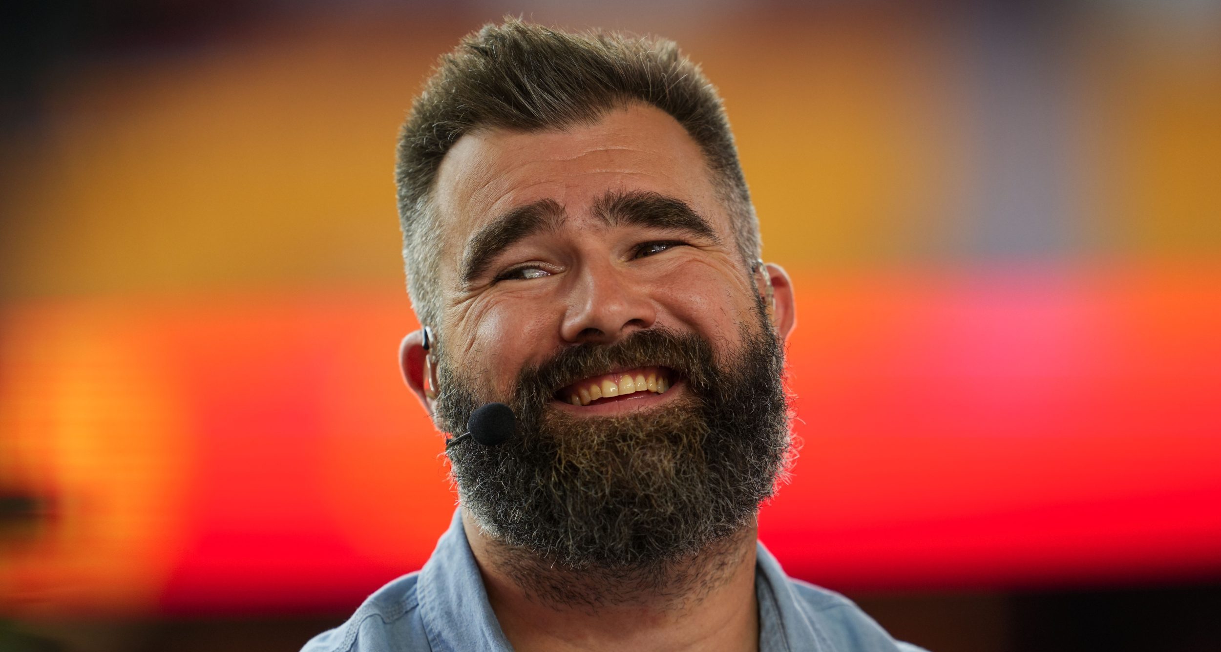 Oct 7, 2024; Kansas City, Missouri, USA; Former NFL player Jason Kelce prior to a game between the New Orleans Saints and the Kansas City Chiefs at GEHA Field at Arrowhead Stadium. Mandatory Credit: Jay Biggerstaff-Imagn Images
