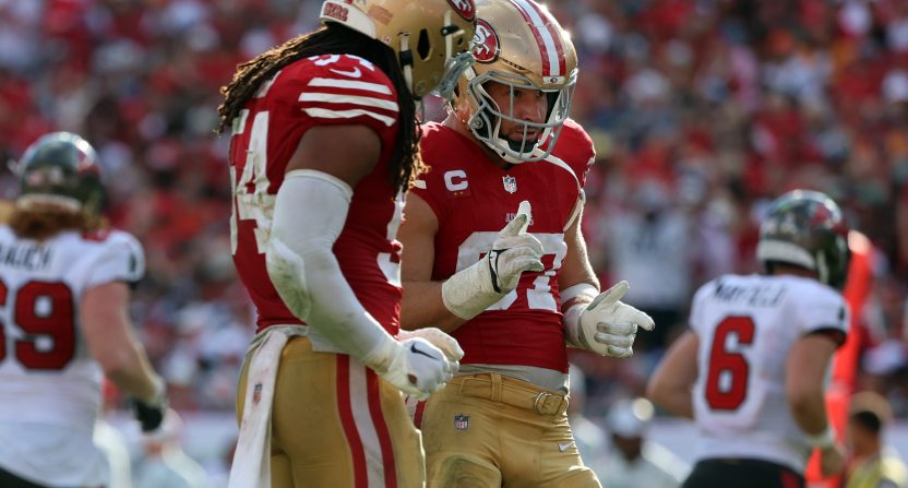 Nov 10, 2024; Tampa, Florida, USA; San Francisco 49ers defensive end Nick Bosa (97) celebrates after he sacks Tampa Bay Buccaneers quarterback Baker Mayfield (6) (not pictured) during the second half at Raymond James Stadium. Mandatory Credit: Kim Klement Neitzel-Imagn Images