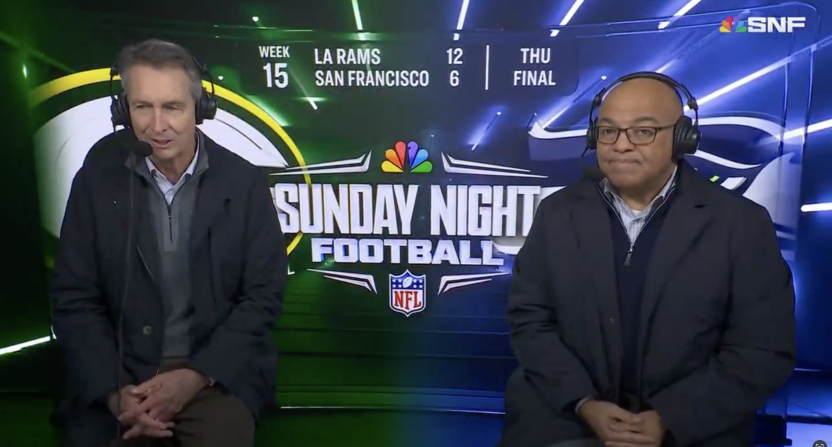 Cris Collinsworth and Mike Tirico sent well wishes to Randy Moss after his cancer diagnosis on the Week 15 broadcast of Sunday Night Football. Photo Credit: NBC
