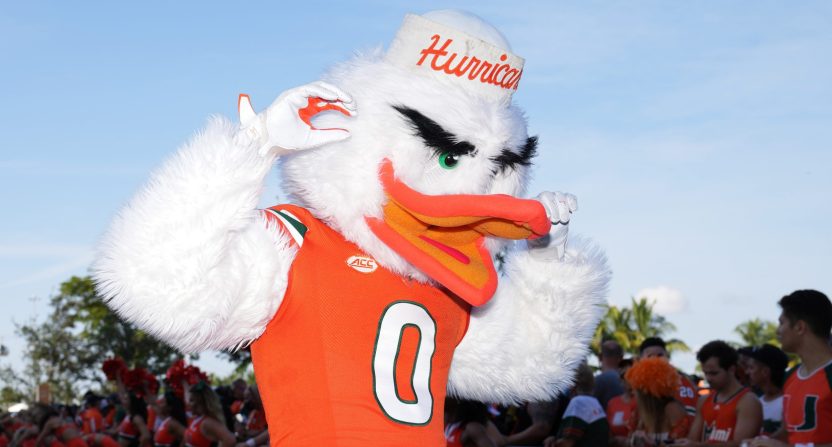 Sep 18, 2021; Miami Gardens, Florida, USA; Miami Hurricanes mascot Sebastian the Ibis performs prior to the game between the Miami Hurricanes and the Michigan State Spartans at Hard Rock Stadium. Mandatory Credit: Jasen Vinlove-USA TODAY Sports