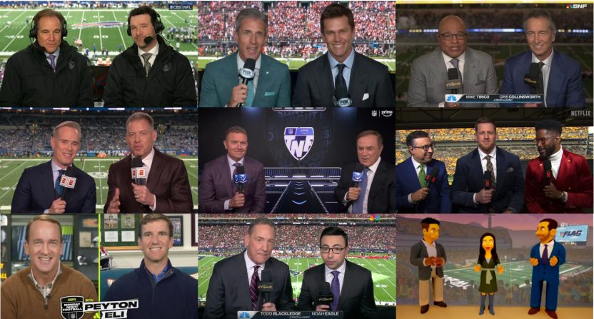 Some of the announcing teams for the 2024 NFL season. Clockwise from top L: Jim Nantz and Tony Romo (CBS), Kevin Burkhardt and Tom Brady (Fox), Mike Tirico and Cris Collinsworth (NBC), Ian Eagle, JJ Watt, and Nate Burleson (Netflix), Drew Carter, Mina Kimes, and Dan Orlovsky (Disney+), Todd Blackledge and Noah Eagle (Peacock), Peyton Manning and Eli Manning (ESPN+), Joe Buck and Troy Aikman (ESPN), Kirk Herbstreit and Al Michaels (Prime Video).