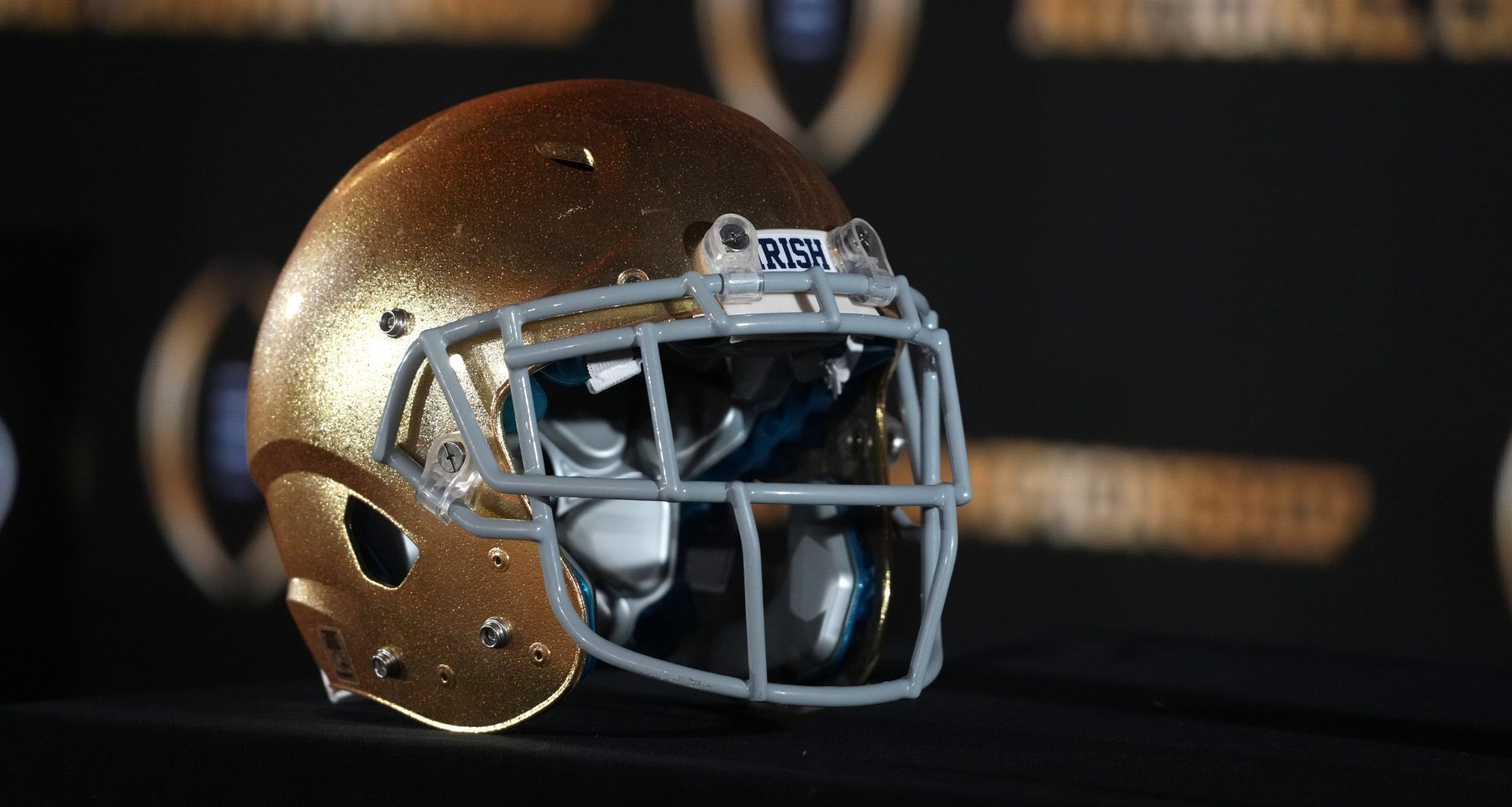 Jan 19, 2025; Atlanta, GA, USA; A Notre Dame Fighting Irish helmet at College Football Playoff National Championship press conference at The Westin Peachtree Plaza, Savannah Ballroom. Mandatory Credit: Kirby Lee-Imagn Images