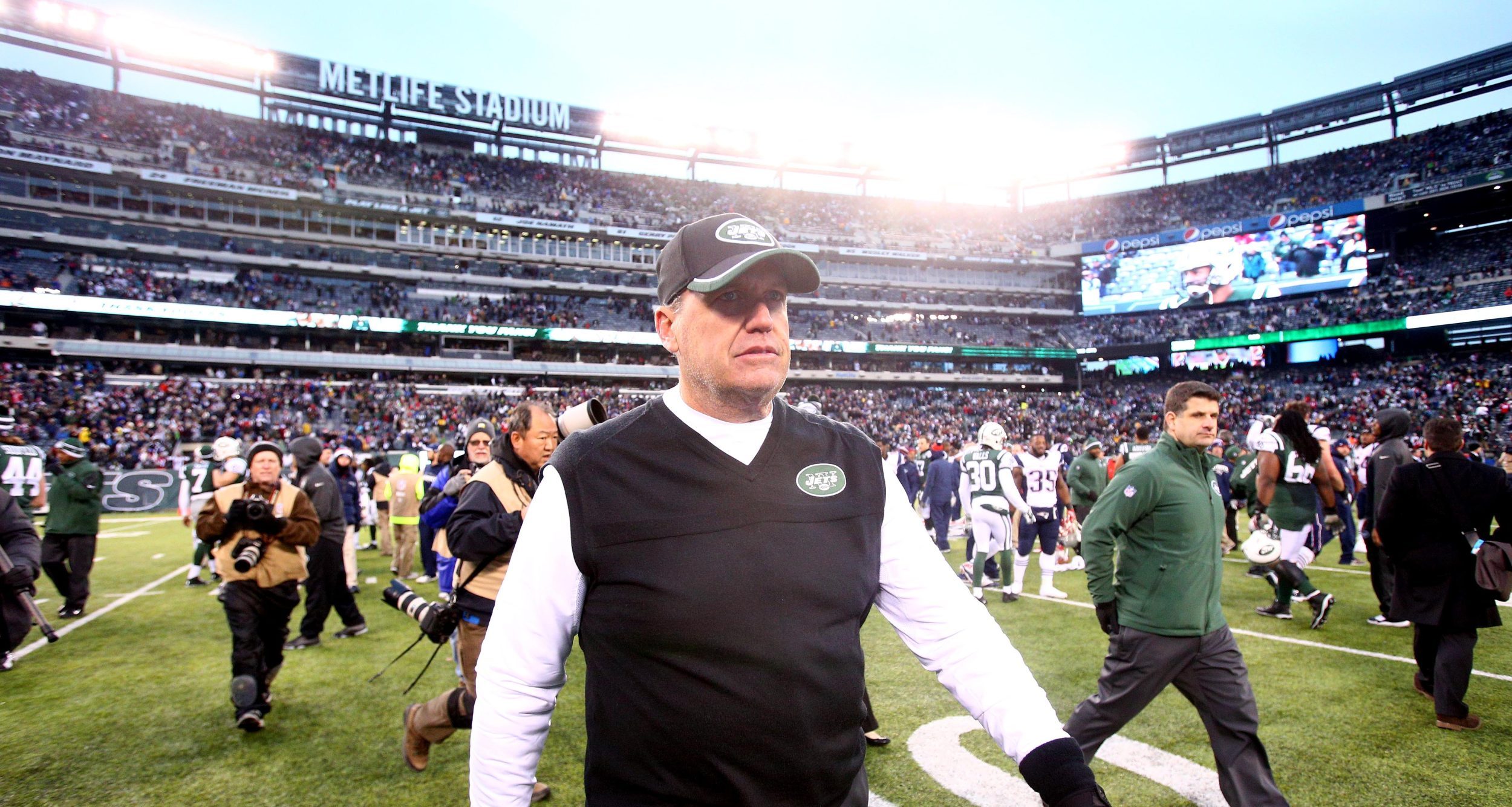 Dec 21, 2014; East Rutherford, NJ, USA; New York Jets head coach Rex Ryan walks off the field after losing to the New England Patriots at MetLife Stadium. The Patriots defeated the Jets 17-16.