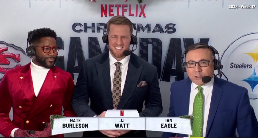 Nate Burleson, JJ Watt, and Ian Eagle on a Dec. 25, 2024 Netflix broadcast.