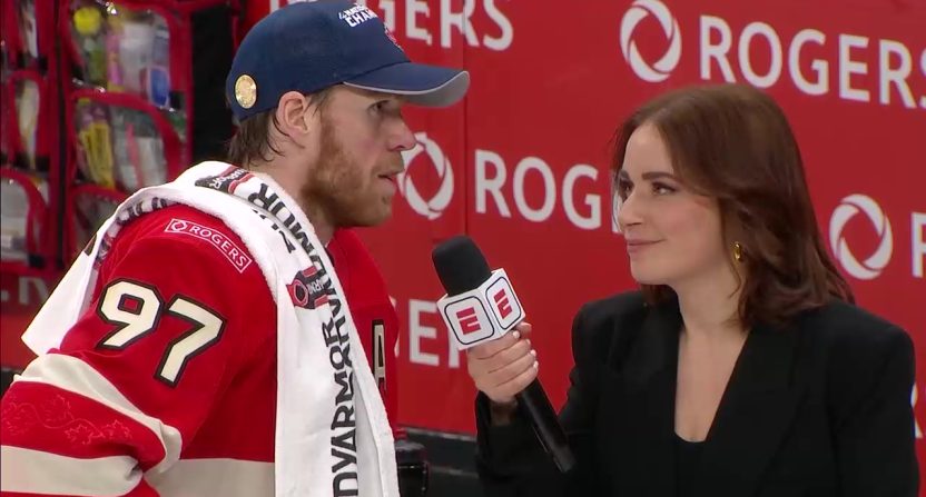 Connor McDavid is interviewed by ESPN's Emily Kaplan after the 4 Nations Face-Off final. Canada defeated the United States 3-2 in overtime, with McDavid scoring the winning goal. Photo Credit: ESPN.