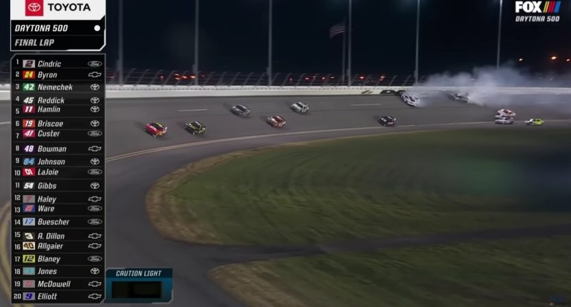 Denny Hamlin was one of many contenders to crash in the final lap of the 2025 Daytona 500. Photo Credit: NASCAR on FOX/YouTube.