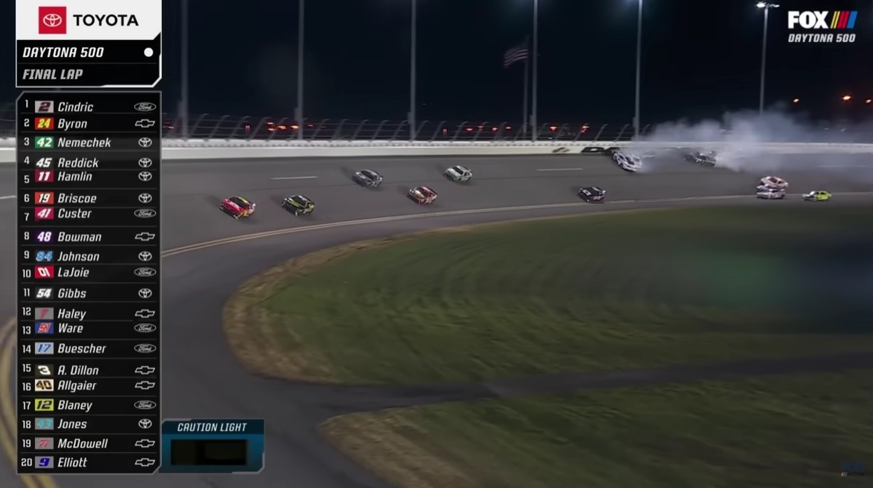 Denny Hamlin was one of many contenders to crash in the final lap of the 2025 Daytona 500. Photo Credit: NASCAR on FOX/YouTube.