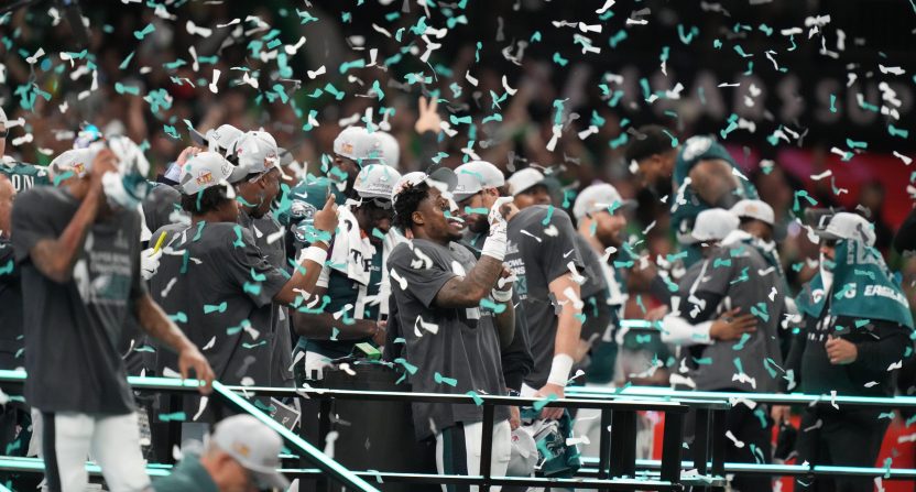 Eagles players celebrating their Super Bowl LIX victory over the Chiefs