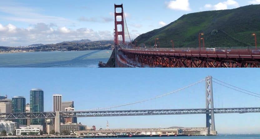 The Golden Gate Bridge (top) and the Bay Bridge (bottom). Photos by Michael Dixon.