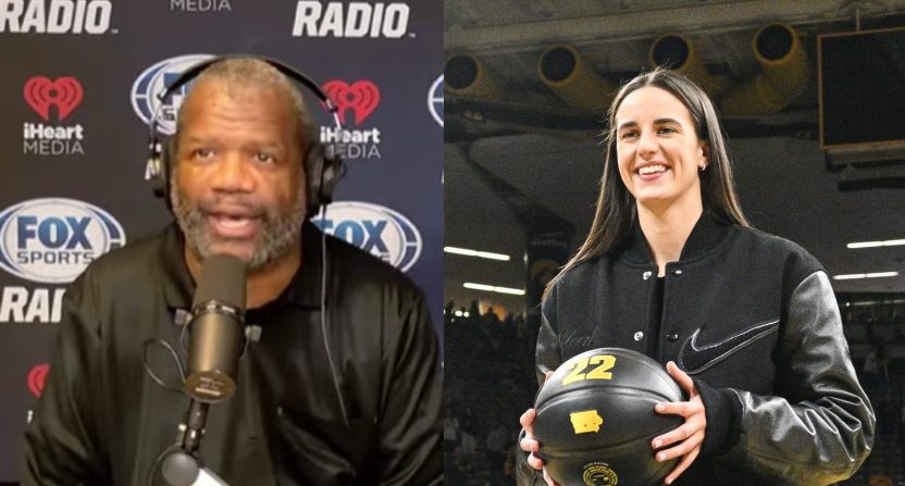Fox Sports Radio host Rob Parker blames Caitlin Clark for NBA All-Star Weekend being unappealing. Photo Credits: Fox Sports Radio on YouTube (Rob Parker, left); Jeffrey Becker-Imagn Images (Caitlin Clark, right).