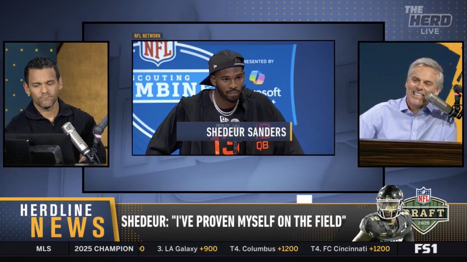 Colin Cowherd and Jason McIntyre discussing Shedeur Sanders' backwards hat