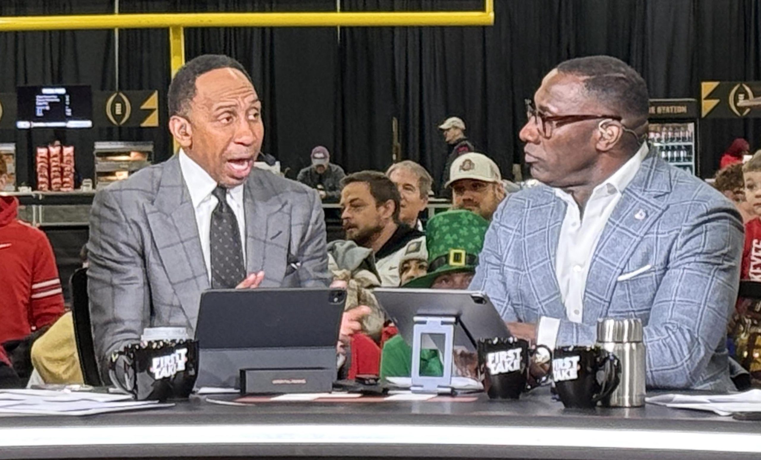 Shannon Sharpe called out "First Take" co-star Stephen A. Smith after LeBron James led the Lakers to a win over the Knicks on Saturday. Photo Credit: Kirby Lee-Imagn Images