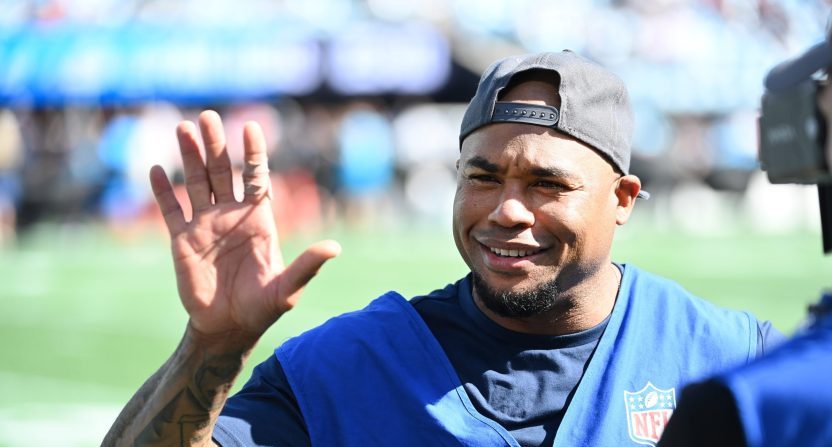 Former Carolina Panthers wide receiver Steve Smith on the sidelines working with NFL Films at Bank of America Stadium.
