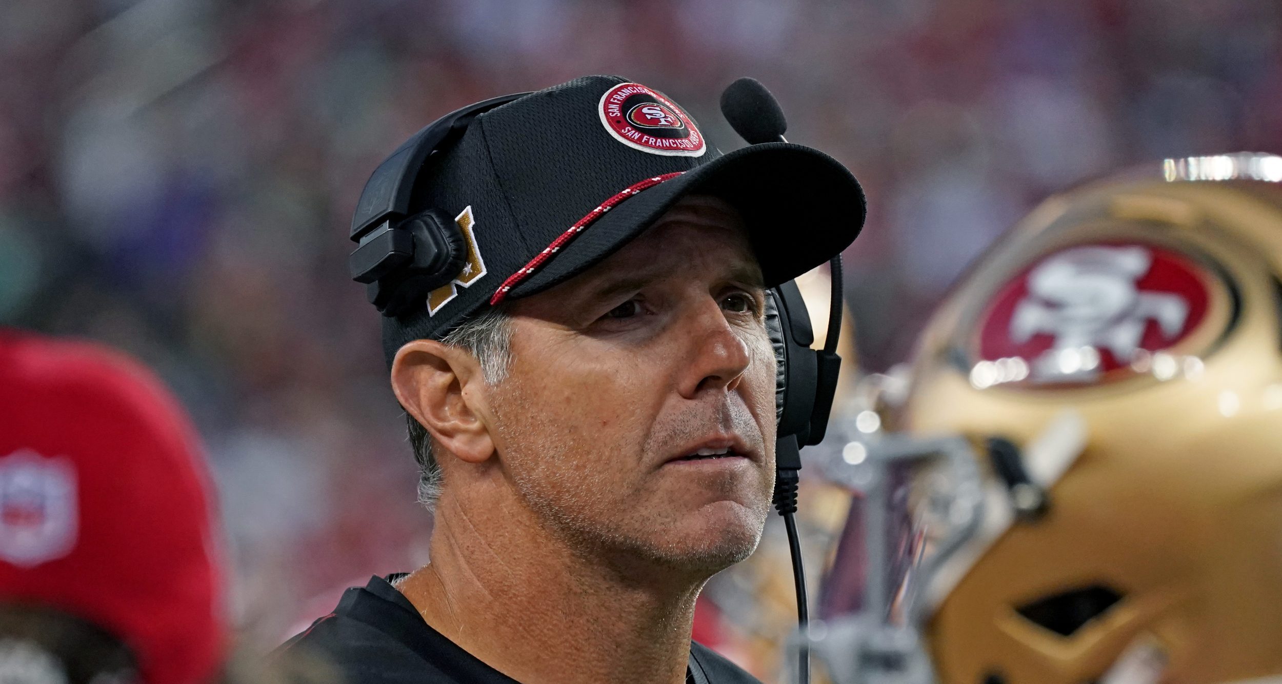 Sep 9, 2024; Santa Clara, California, USA; San Francisco 49ers quarterbacks coach Brian Griese watches the action from the sideline in the third quarter against the New York Jets at Levi's Stadium.