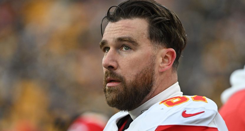 Dec 25, 2024; Pittsburgh, Pennsylvania, USA; Kansas City Chiefs tight end Travis Kelce (87) watch the action against the Pittsburgh Steelers during the second half at Acrisure Stadium. Mandatory Credit: Barry Reeger-Imagn Images