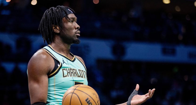 Charlotte Hornets center Mark Williams (5) reacts after a foul against the Portland Trail Blazers during the third quarter at Spectrum Center.