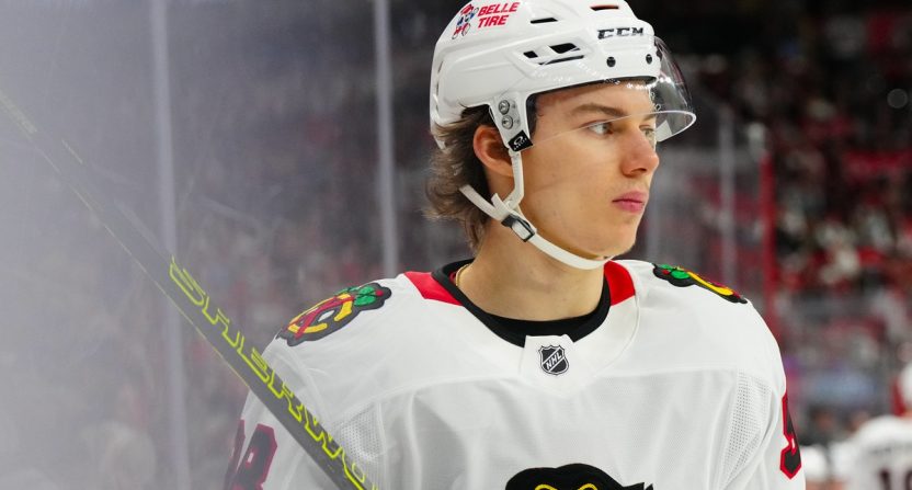 Chicago Blackhawks center Connor Bedard (98) looks on against the Carolina Hurricanes during the second period at Lenovo Center.