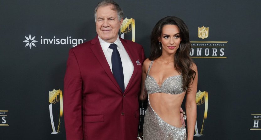 Feb 6, 2025; New Orleans, LA, USA; Bill Belichick and Jordon Hudson on the red carpet before Super Bowl LIX NFL Honors at Saenger Theatre. Mandatory Credit: Kirby Lee-Imagn Images