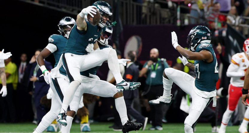 Philadelphia Eagles cornerback Cooper DeJean celebrates with teammates after getting a pick-six on a Patrick Mahomes pass in Super Bowl LIX.