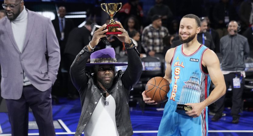 Feb 16, 2025; San Francisco, CA, USA; Kevin Hart receives a trophy during the 2025 NBA All Star Game at Chase Center. Mandatory Credit: Kyle Terada-Imagn Images