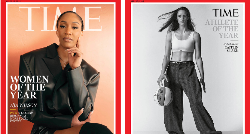 A'ja Wilson and Caitlin Clark on their respective (March 2025 and December 2024) covers of TIME.