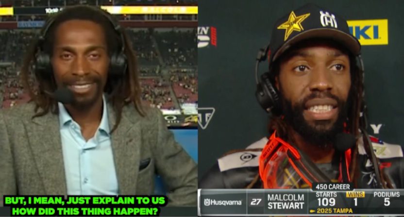 James Stewart Jr. and Malcolm Stewart after Malcolm's first 450SX win on Feb. 8, 2025.