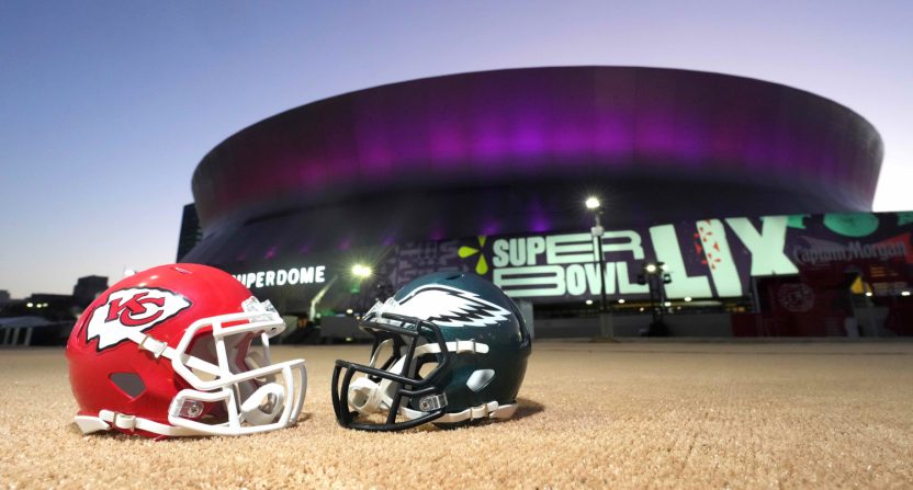 A general overall view of Kansas City Chiefs and Philadelphia Eagles helmets at the Caesars Superdome, the site of Super Bowl LIX