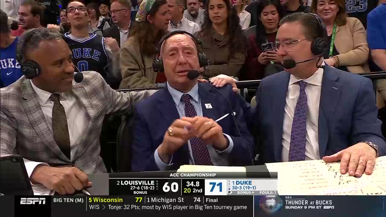 Emotional Dick Vitale signed off at end of ACC Championship Game, his last of the season