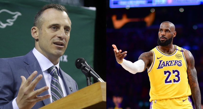 Doug Gottlieb and LeBron James. Photo Credits: Sarah Kloepping/USA TODAY NETWORK-Wisconsin/USA TODAY NETWORK via Imagn Images (Doug Gottlieb, left); Gary A. Vasquez-Imagn Images (LeBron James, right).