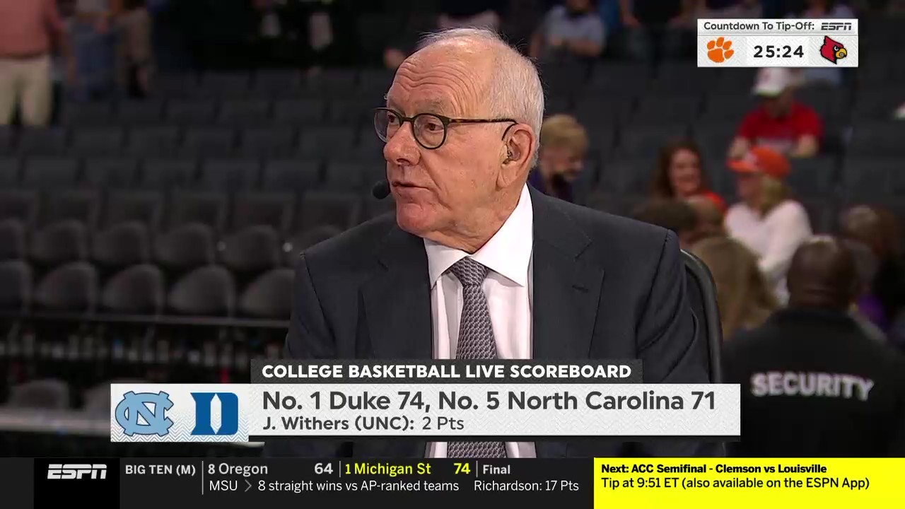 Jim Boeheim reacts to the costly lane violation by North Carolina's Jae'Lyn Withers. Photo Credit: ESPN