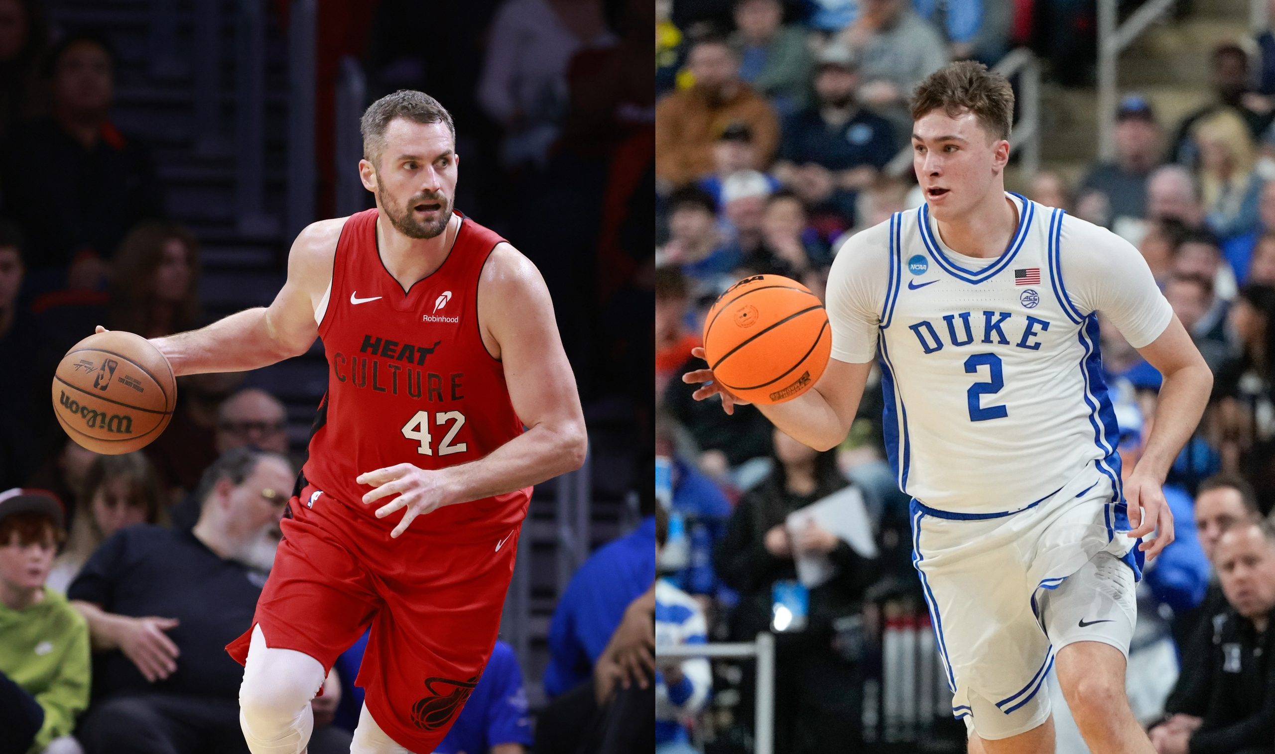 Miami Heat forward Kevin Love and Duke forward Cooper Flagg. Photo Credits: Rhona Wise-Imagn Images (Kevin Love, left); Rhona Wise-Imagn Images (Cooper Flagg, right).