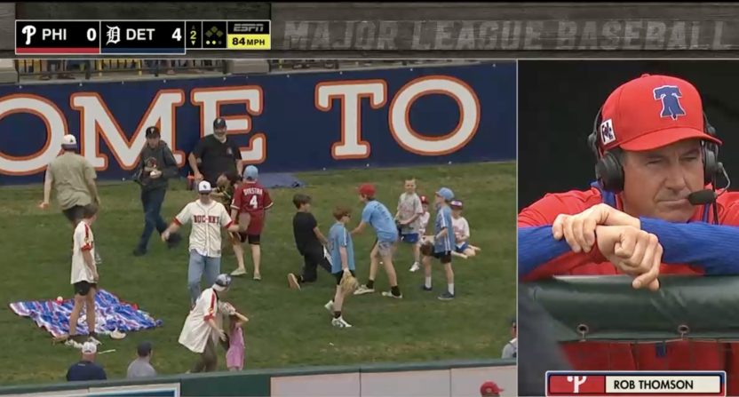 Rob Thomson’s in-game interview took a painful turn as his pitcher gave up three home runs in three pitches, leaving him to watch in silence.