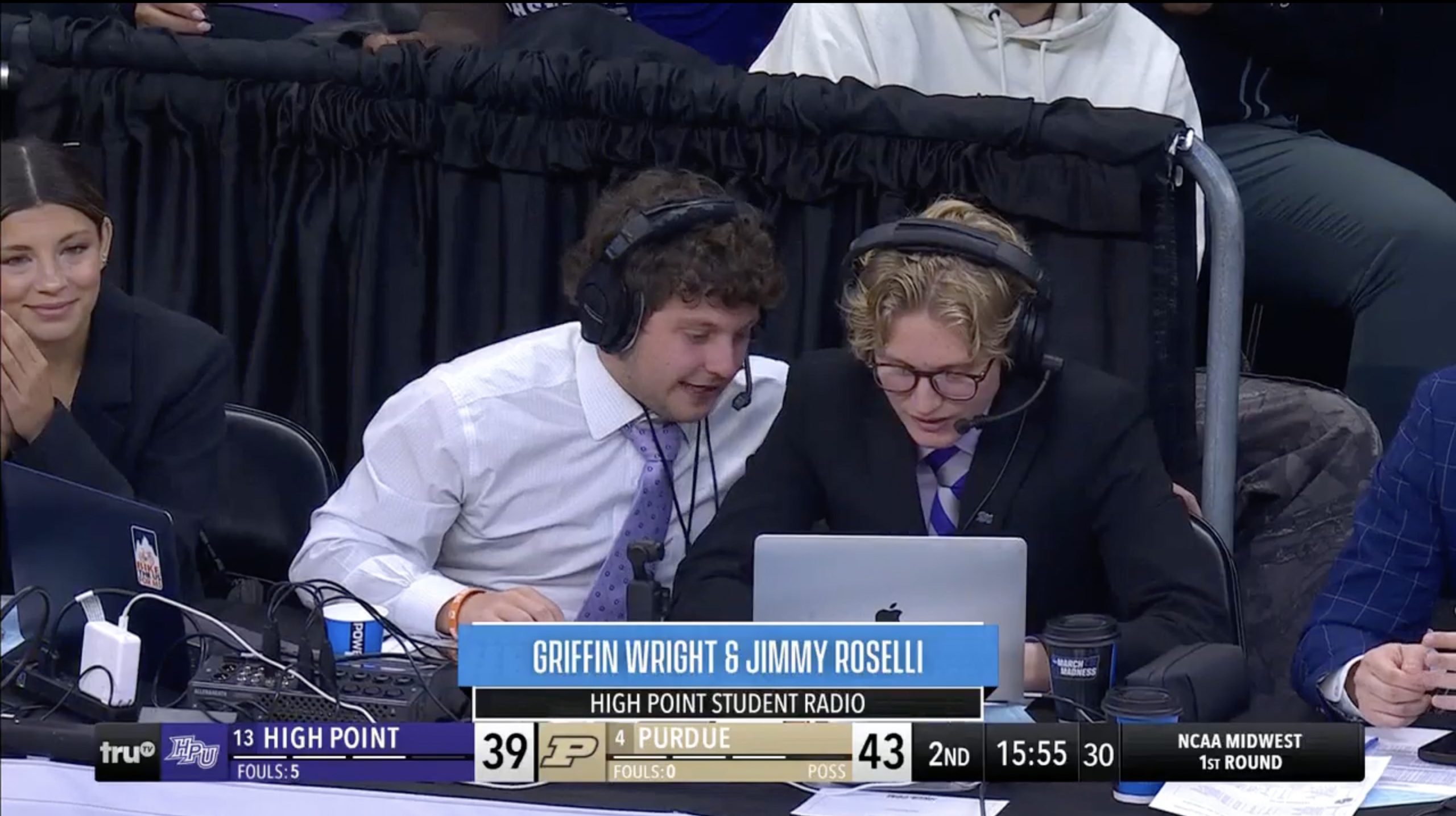 Andrew Catalon used his platform game to highlight High Point student broadcasters Jimmy Rosselli and Griffin Wright.