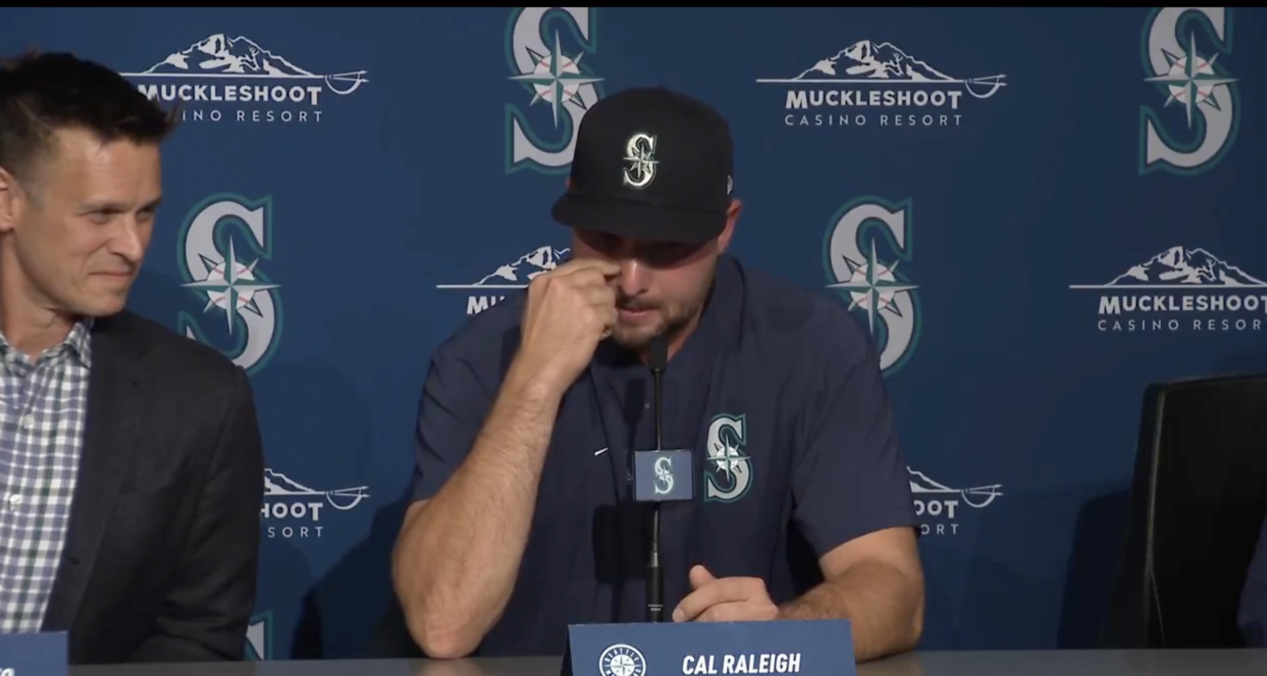 Cal Raleigh choked up after his $105 million extension, expressing gratitude to his coaches, teammates, family, and the Mariners.