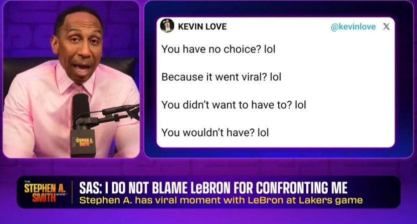 Stephen A. Smith addresses social media criticism of him made by Kevin Love. Photo Credit: Stephen A. Smith on YouTube.